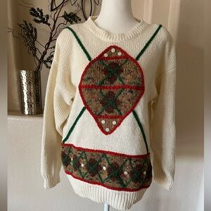 Chaus Womens Vintage Sweater Argyle Color Block Cream Chunky Knit Medium VGUC